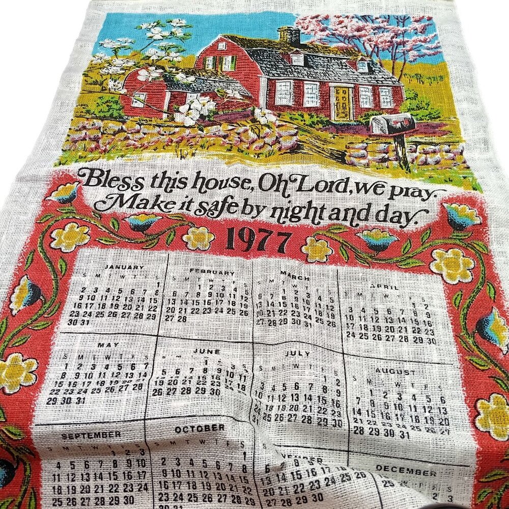 Vintage 1977 Linen Calendar Tea Towel With Red Farmhouse & Floral Border